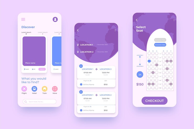 Vector travel booking app interface for mobile phones