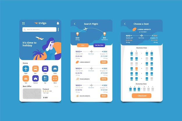 Travel booking app screens