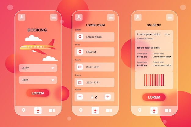 Travel booking glassmorphic design neumorphic elements kit for mobile app UI UX GUI screens set