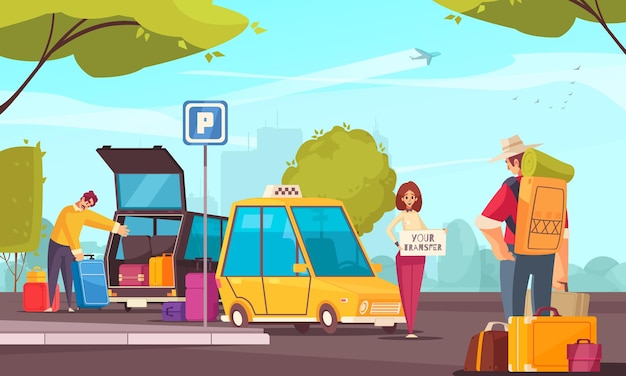 Travel booking transfer concept with two people on the car meet a tourist