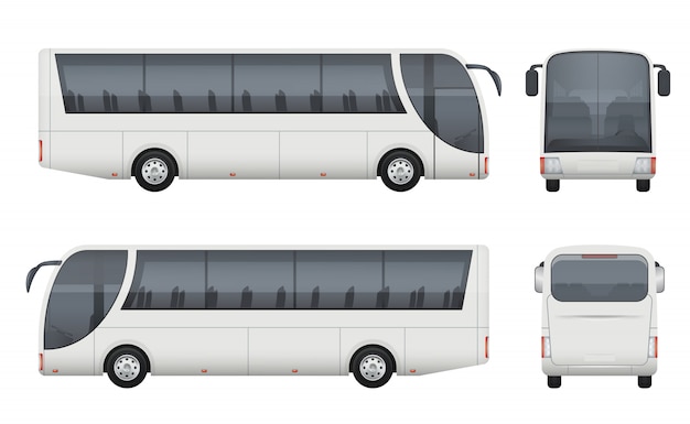 Travel bus realistic. Tourism autobus mockup cargo car front side view  pictures set isolated