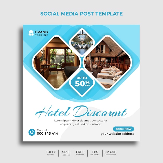 Travel business promotion hotel discount banner design template for social media