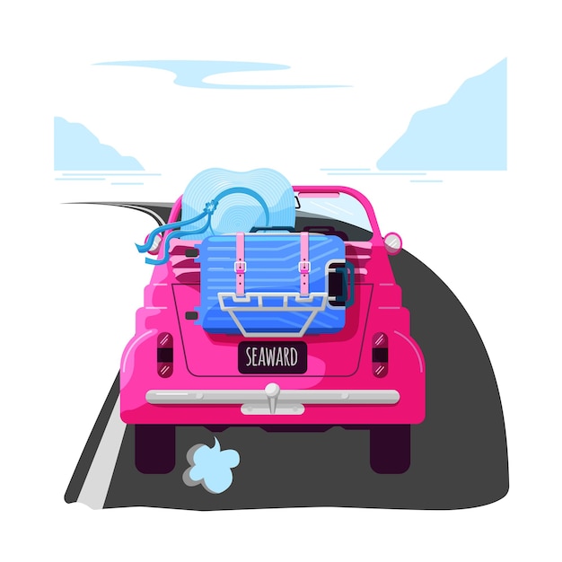 Vector travel by car the girl goes to the sea in a retro car with an open top