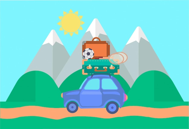 Vector travel by car mountains nature sun and road vector illustration