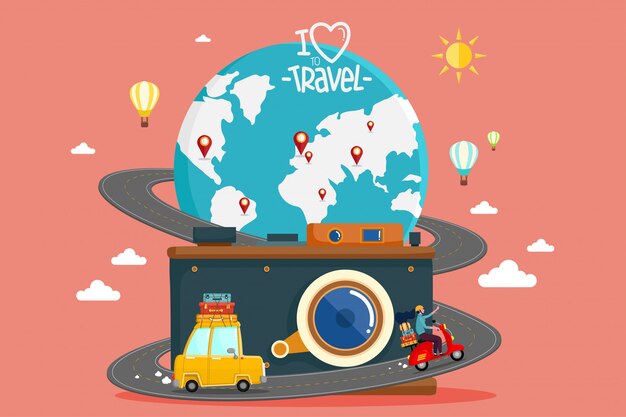 Vector travel by car. world travel. planning summer vacations. tourism and vacation theme.