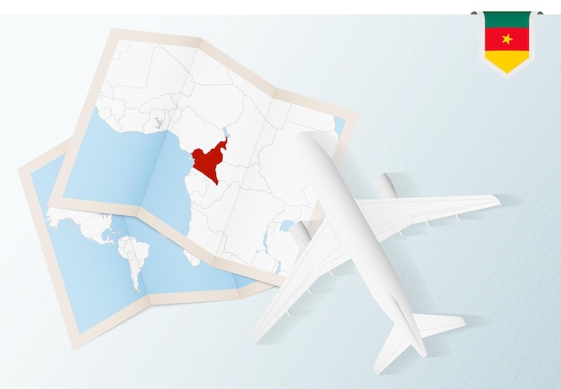 Viaggio in camerun, aereo vista dall'alto con mappa e bandiera del camerun.