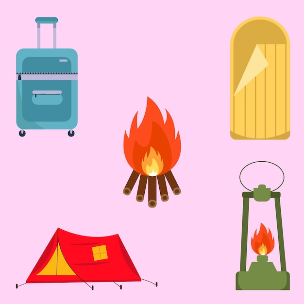 Значки Снаряжения Туристического Лагеря Складе Векторные Иллюстрации
