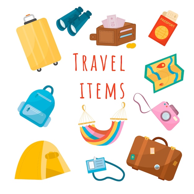 Vector travel and camping items. set of vector illustrations