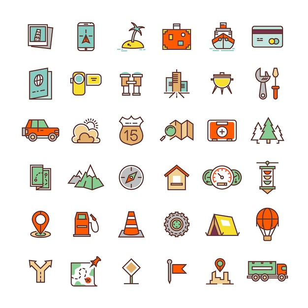 Travel, camping, location flat icons collection