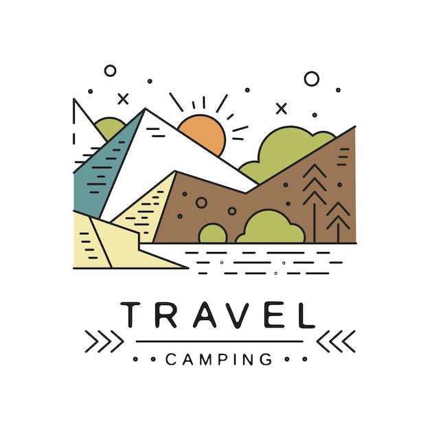 Viaggi campeggio logo design viaggi avventura turismo alpinismo e attività all'aperto etichetta vettoriale illustrazione su sfondo bianco