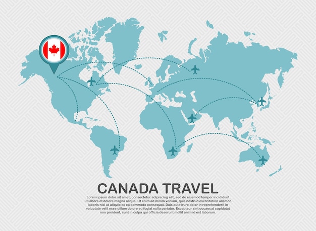 Vector travel to canada poster with world map and flying plane route business background tourism destinatio