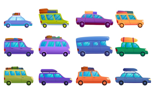 Travel on car icon set, cartoon style