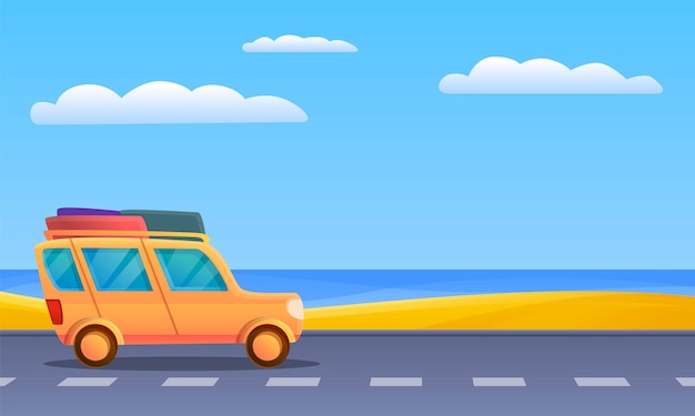 Travel car to sea illustration, cartoon style