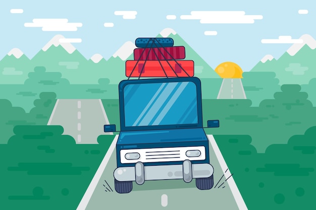 Дорожные автомобильные чемоданы, загруженные карикатурной иллюстрацией