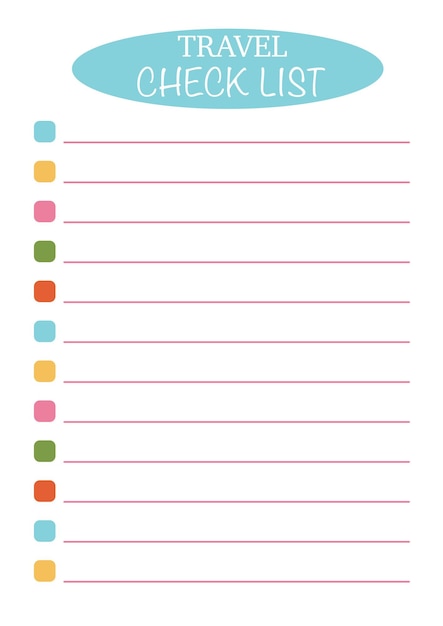 Travel checklist template. Minimalistic, simple, bright. A4.