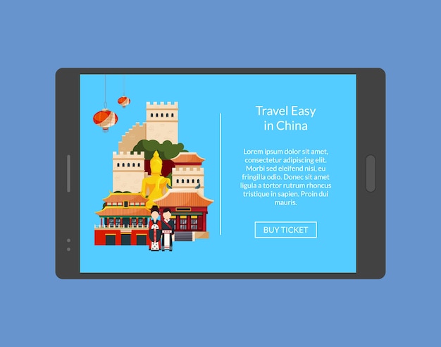 Travel in china banner on tablet. vacation tour vector illustration