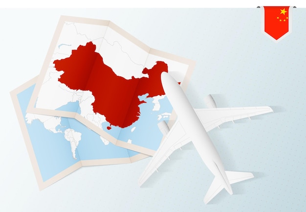 Travel to china, top view airplane with map and flag of china.