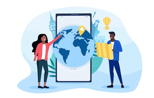 Vettore concept di scelta di viaggio con una coppia nera che sceglie una destinazione globale utilizzando un'app e una mappa colorata
