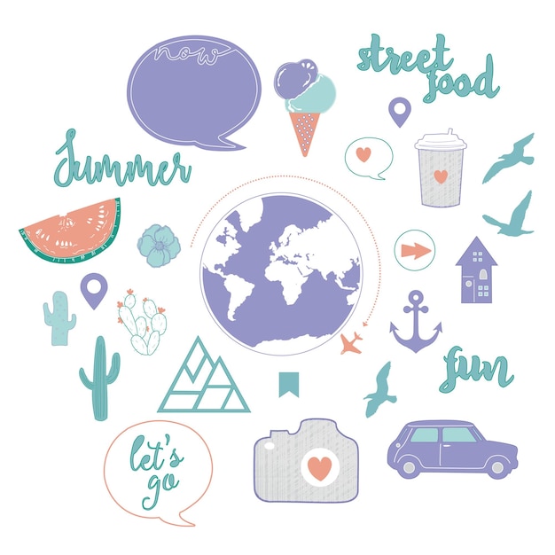 Коллекция векторных иллюстраций для путешествий с красочными символами путешествий и лета