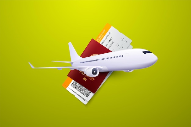 Туристическая композиция с паспортом, посадочным талоном и самолетом