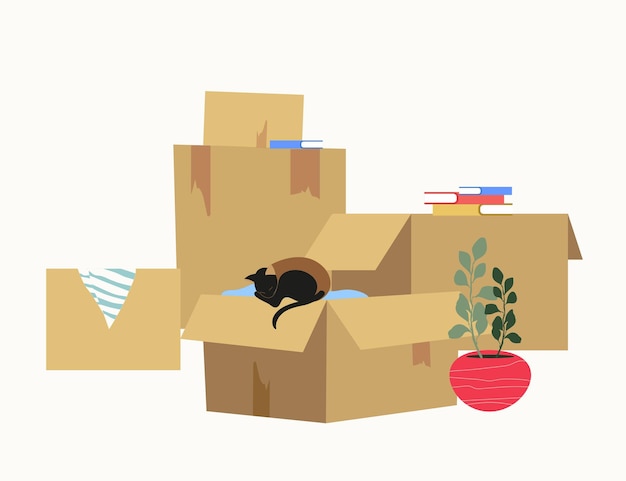 벡터 여행 컨셉입니다. 집, 고양이, 책, 꽃 등 다양한 물건이 들어 있는 판지 상자. 손그림
