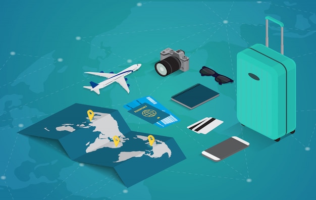 Travel concept in isometric style. travel equipment.   illustration