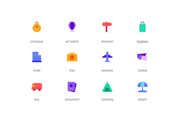 Travel concept of web icons set in color flat design Pack of compass air balloon direction luggage