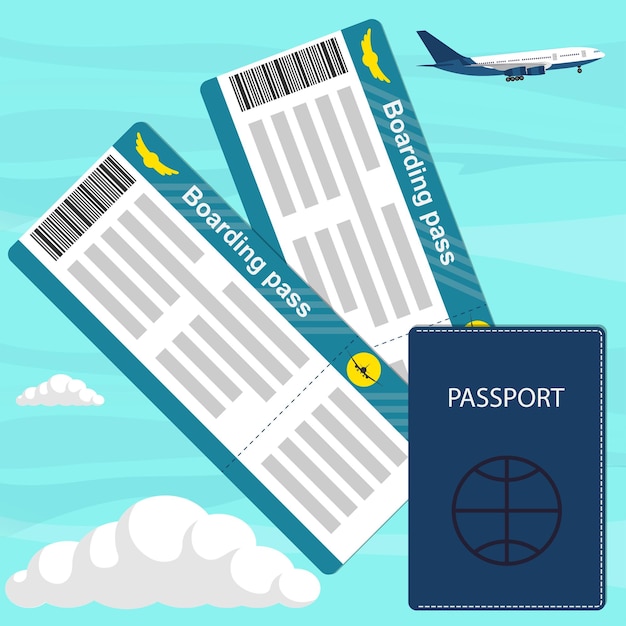 Концепция путешествия с билетами на самолет паспортный самолет в небе на заднем плане