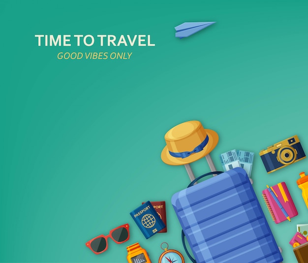 Vector travel concept with suitcase, sunglasses, hat, camera and tickets on turquoise background. flying paper plane at the back. good vibes only.  illustration.