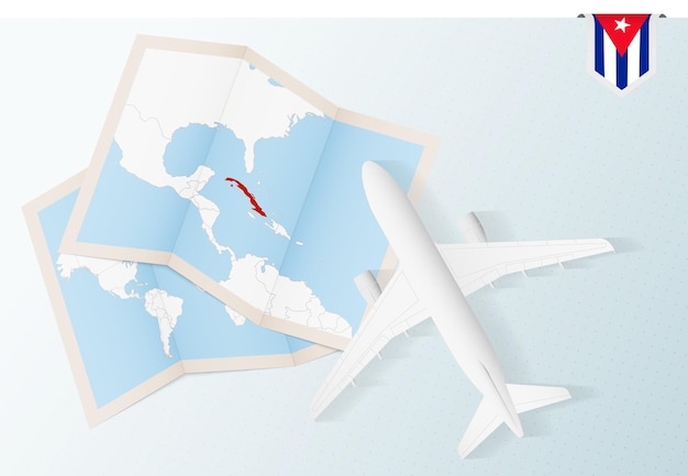 キューバへの旅行、キューバの地図と旗のある平面図の飛行機。