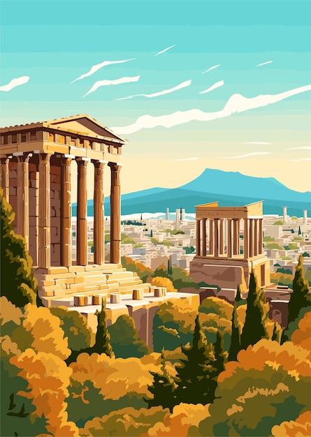 Travel Destination in Athens Greece vintage print holidays concept