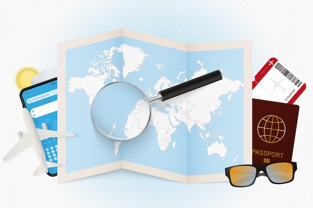 Travel destination barbados, tourism mockup with travel equipment and world map with magnifying glass on a barbados.