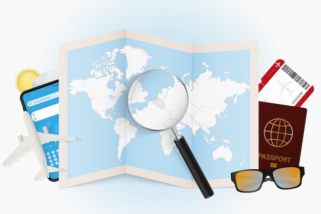 여행 장비와 세계 지도가 있는 여행 목적지 벨기에 관광 모형