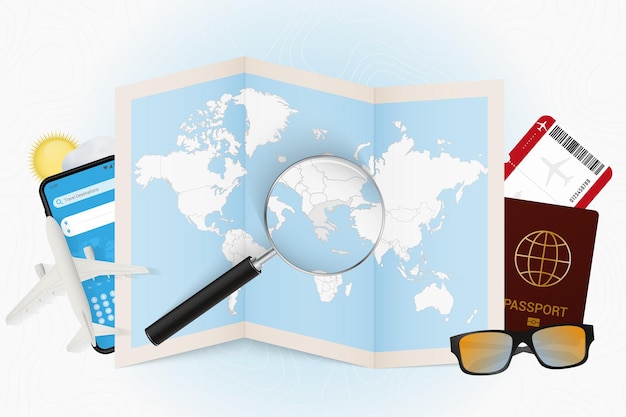 Travel destination Greece tourism mockup with travel equipment and world map with magnifying glass