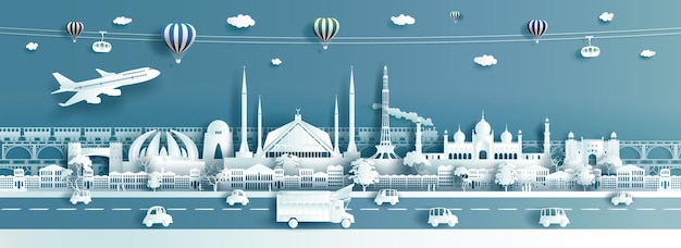 Travel destination landmarks pakistan with truck cable car balloons and airplane in paper cut style