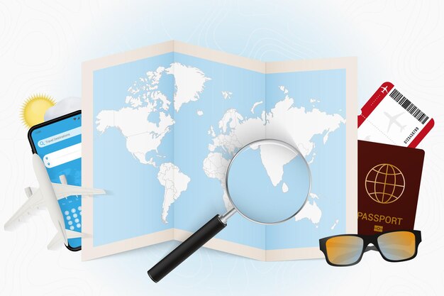 Vector travel destination maldives, tourism mockup with travel equipment and world map with magnifying glass on a maldives.