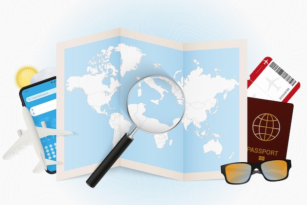 여행 장비와 세계 지도가 있는 여행 목적지 몰타 관광 모형