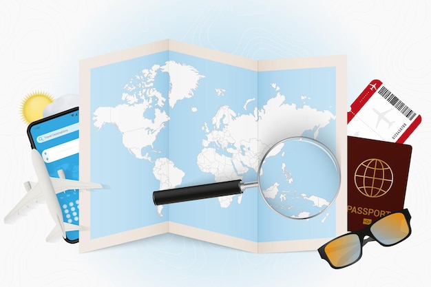 Travel destination Palau, tourism mockup with travel equipment and world map with magnifying glass on a Palau.
