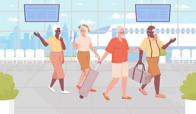 Travel destination for retirees flat color vector illustration