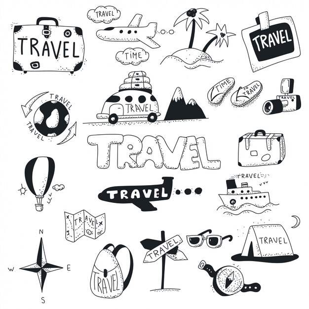 Vector travel doodles icon set.