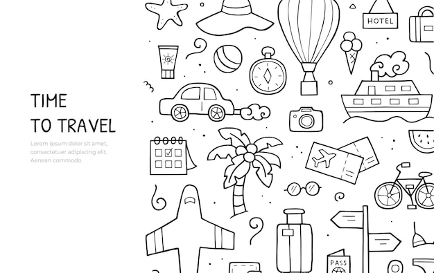 Travel elements in hand drawn style horizontal banner template vector illustration