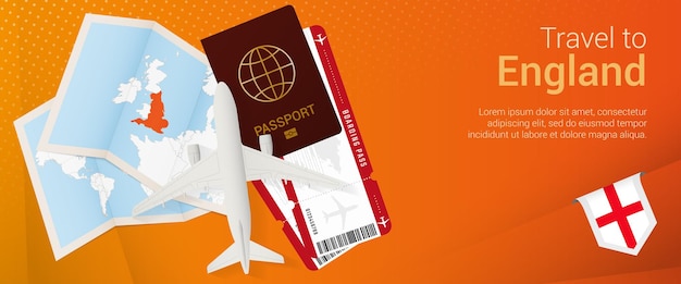 Banner popunder viaggio in inghilterra banner di viaggio con biglietti passaporto carta d'imbarco aereo