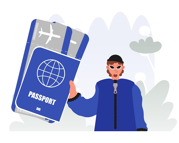 Vector travel of enterprise man with passport and discuss tickets