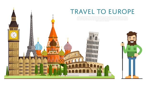 Vector travel to europ banner with famous attractions