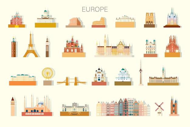 Vector travel europe famous architectural landmarks isolated set