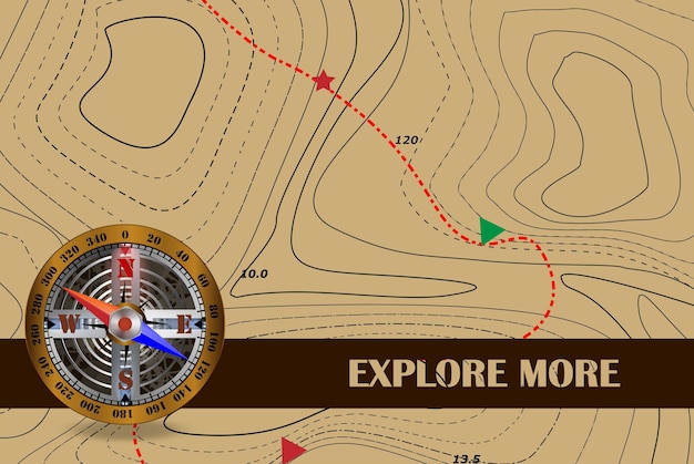 Vettore viaggio esplora di più e bussola azimutale e mappa lo sfondo del percorso sulla mappa di contorno simbolo del turismo e del viaggio