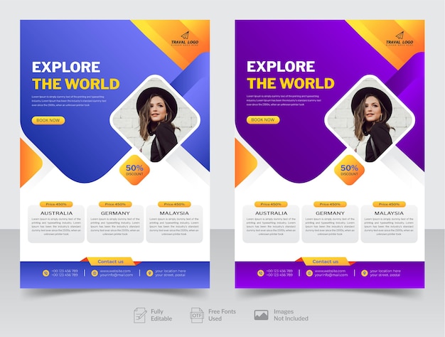 Travel flyer design and brochure cover page or poster design template premium vector