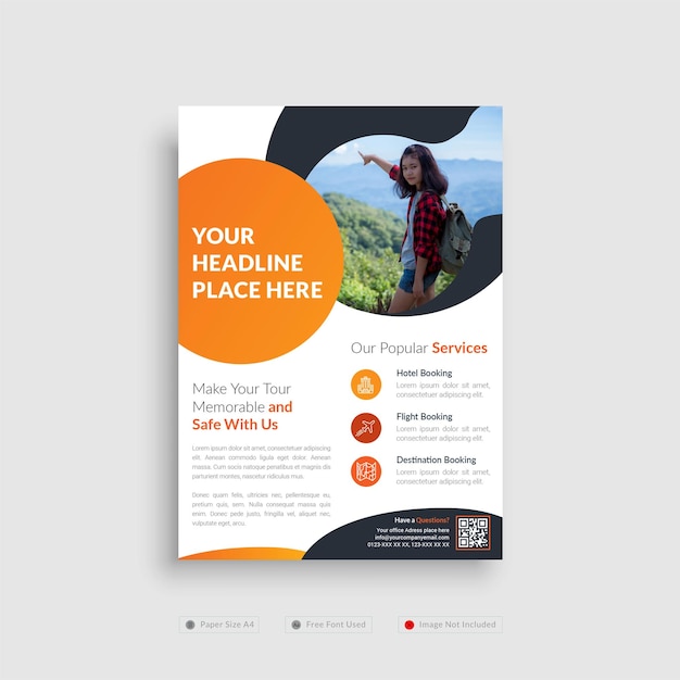 Travel flyer template design with contact and venue details