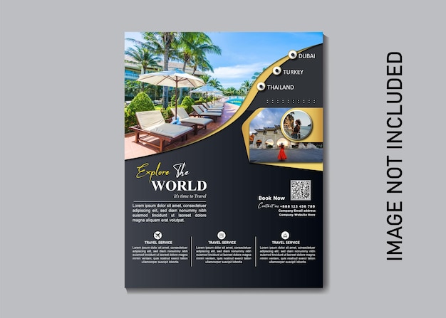 추상적인 배경과 현대적인 레이아웃을 가진 여행 플라이어 템플릿은 광고와 비즈니스 프로필에 사용됩니다.
