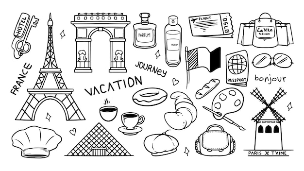 Viaggio in francia doodle set icone vettore semplice disegno a mano schizzo edifici e oggetti nazionali